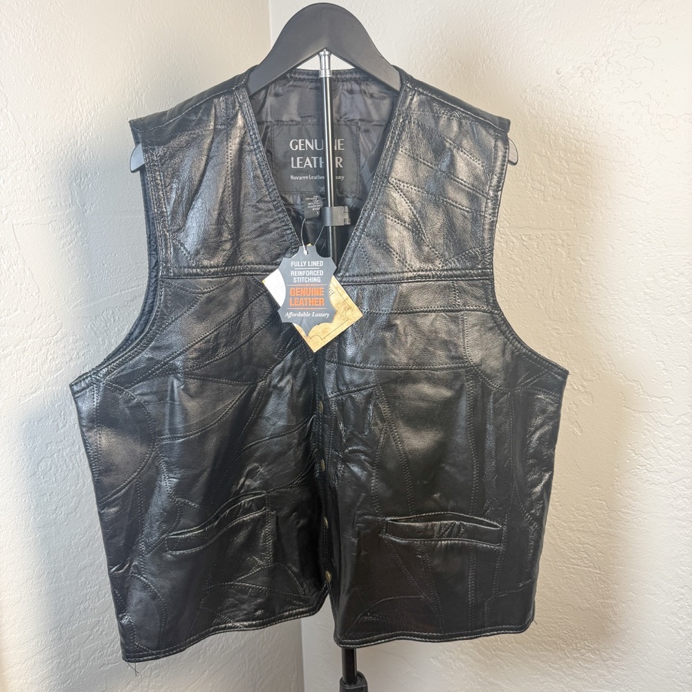 New York Leather Company Black Leather Vest Genuine Leather Motorcycle Biker XL